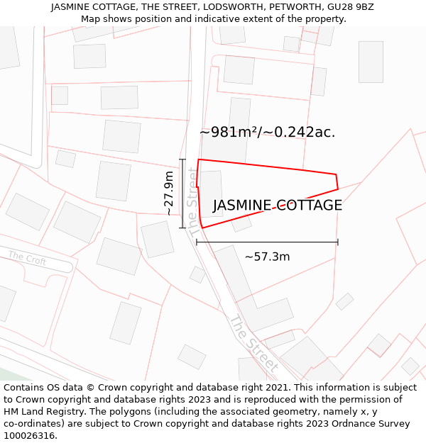 JASMINE COTTAGE, THE STREET, LODSWORTH, PETWORTH, GU28 9BZ: Plot and title map
