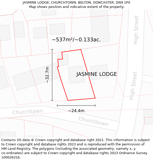 JASMINE LODGE, CHURCHTOWN, BELTON, DONCASTER, DN9 1PA: Plot and title map