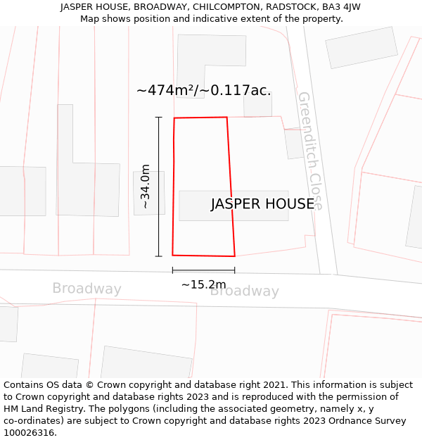 JASPER HOUSE, BROADWAY, CHILCOMPTON, RADSTOCK, BA3 4JW: Plot and title map