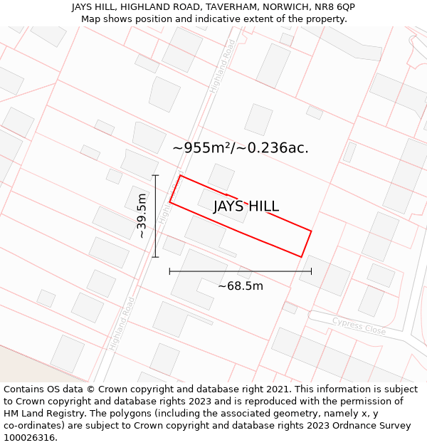 JAYS HILL, HIGHLAND ROAD, TAVERHAM, NORWICH, NR8 6QP: Plot and title map