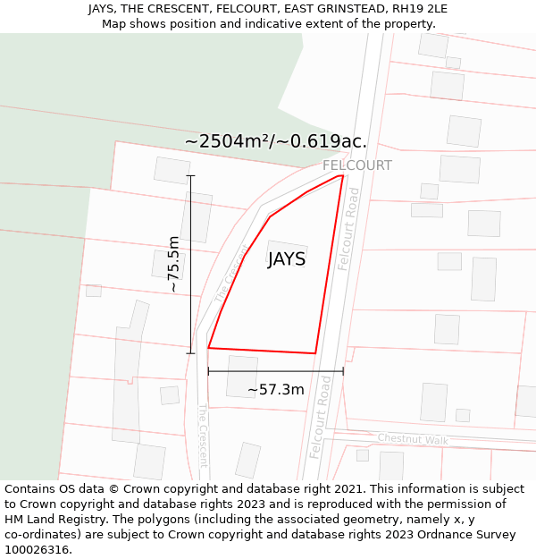 JAYS, THE CRESCENT, FELCOURT, EAST GRINSTEAD, RH19 2LE: Plot and title map