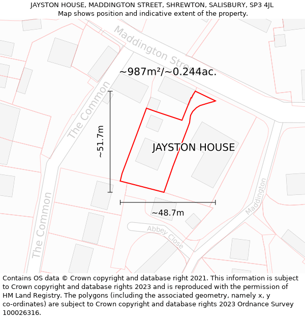JAYSTON HOUSE, MADDINGTON STREET, SHREWTON, SALISBURY, SP3 4JL: Plot and title map