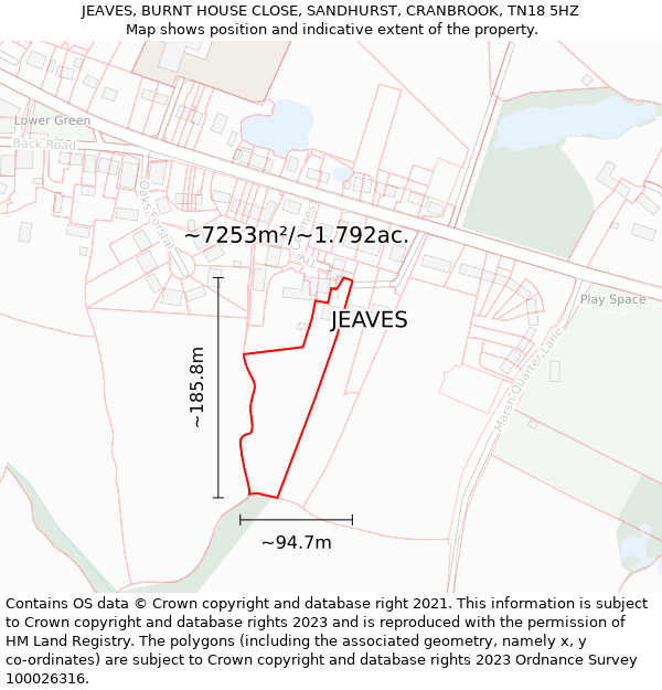 JEAVES, BURNT HOUSE CLOSE, SANDHURST, CRANBROOK, TN18 5HZ: Plot and title map