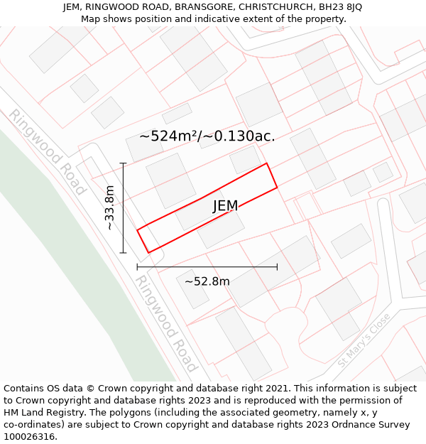 JEM, RINGWOOD ROAD, BRANSGORE, CHRISTCHURCH, BH23 8JQ: Plot and title map