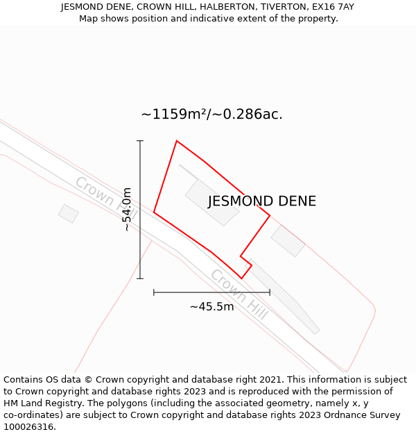 JESMOND DENE, CROWN HILL, HALBERTON, TIVERTON, EX16 7AY: Plot and title map