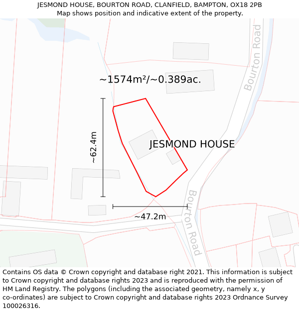 JESMOND HOUSE, BOURTON ROAD, CLANFIELD, BAMPTON, OX18 2PB: Plot and title map