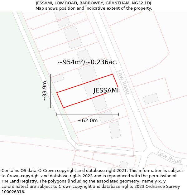 JESSAMI, LOW ROAD, BARROWBY, GRANTHAM, NG32 1DJ: Plot and title map