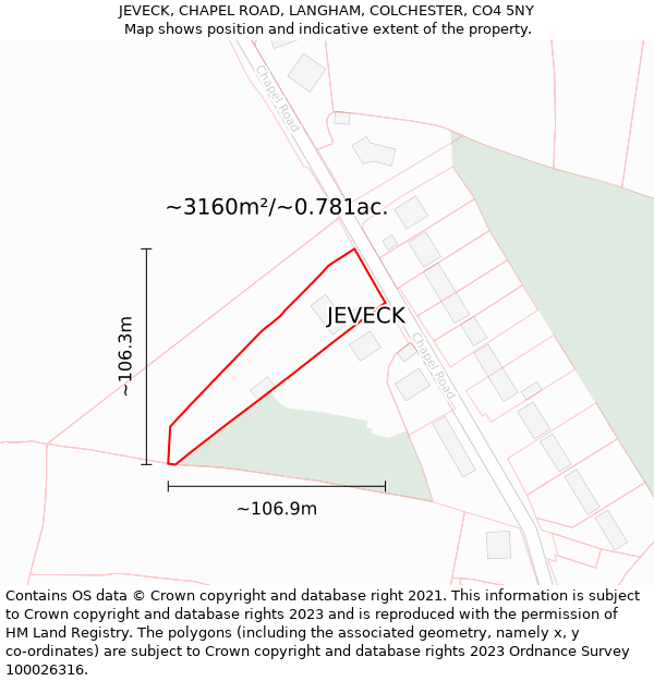 JEVECK, CHAPEL ROAD, LANGHAM, COLCHESTER, CO4 5NY: Plot and title map