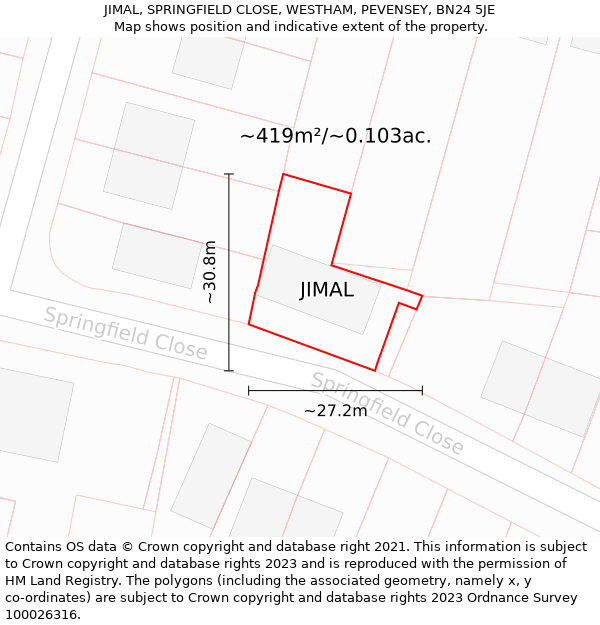 JIMAL, SPRINGFIELD CLOSE, WESTHAM, PEVENSEY, BN24 5JE: Plot and title map