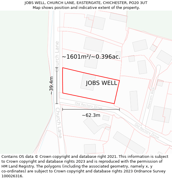 JOBS WELL, CHURCH LANE, EASTERGATE, CHICHESTER, PO20 3UT: Plot and title map