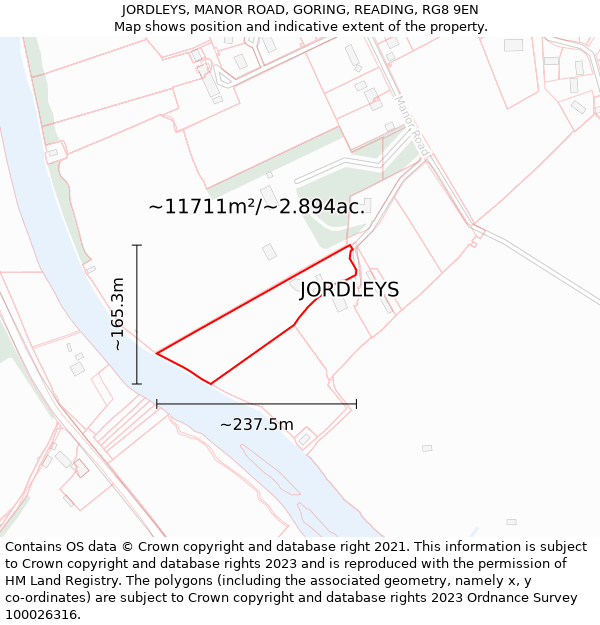 JORDLEYS, MANOR ROAD, GORING, READING, RG8 9EN: Plot and title map