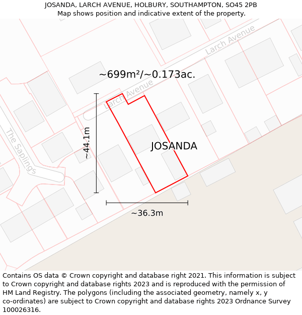 JOSANDA, LARCH AVENUE, HOLBURY, SOUTHAMPTON, SO45 2PB: Plot and title map