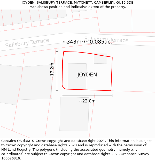 JOYDEN, SALISBURY TERRACE, MYTCHETT, CAMBERLEY, GU16 6DB: Plot and title map