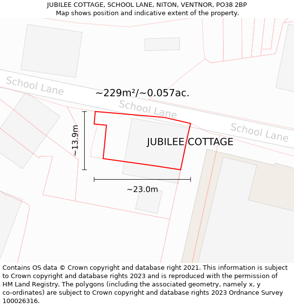 JUBILEE COTTAGE, SCHOOL LANE, NITON, VENTNOR, PO38 2BP: Plot and title map