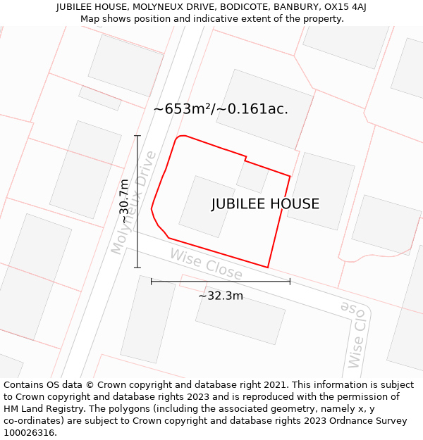 JUBILEE HOUSE, MOLYNEUX DRIVE, BODICOTE, BANBURY, OX15 4AJ: Plot and title map