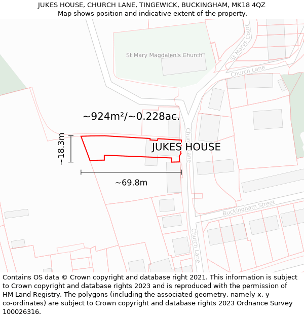 JUKES HOUSE, CHURCH LANE, TINGEWICK, BUCKINGHAM, MK18 4QZ: Plot and title map