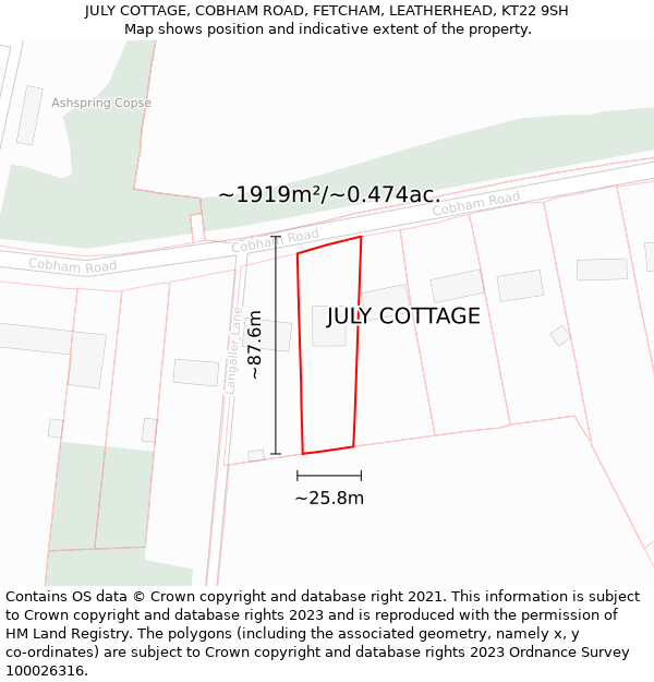 JULY COTTAGE, COBHAM ROAD, FETCHAM, LEATHERHEAD, KT22 9SH: Plot and title map