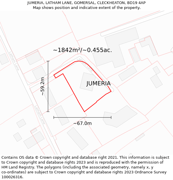 JUMERIA, LATHAM LANE, GOMERSAL, CLECKHEATON, BD19 4AP: Plot and title map