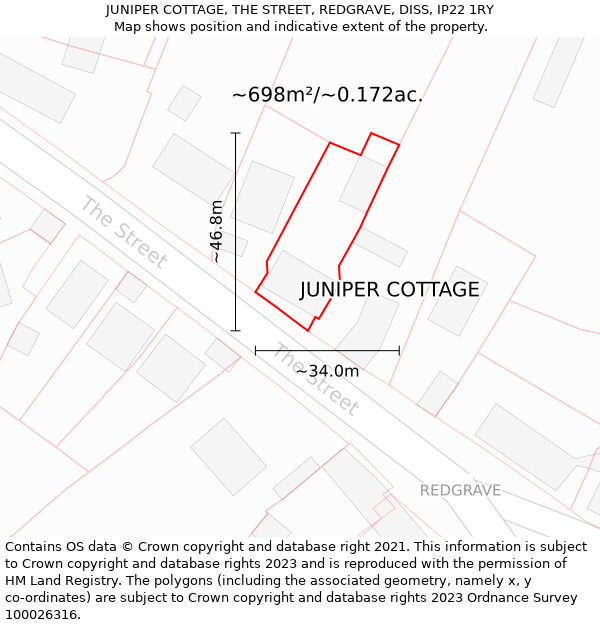 JUNIPER COTTAGE, THE STREET, REDGRAVE, DISS, IP22 1RY: Plot and title map