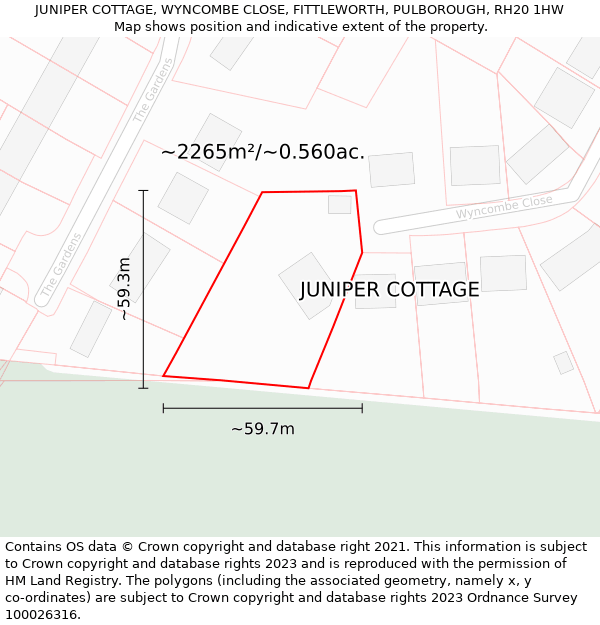 JUNIPER COTTAGE, WYNCOMBE CLOSE, FITTLEWORTH, PULBOROUGH, RH20 1HW: Plot and title map