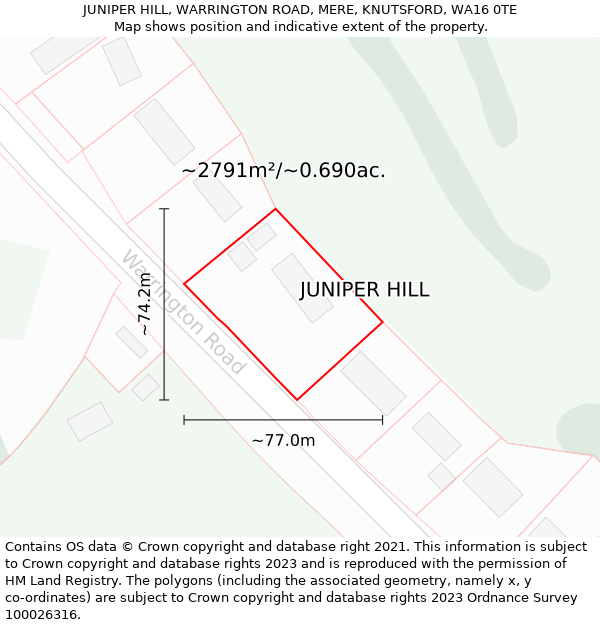 JUNIPER HILL, WARRINGTON ROAD, MERE, KNUTSFORD, WA16 0TE: Plot and title map