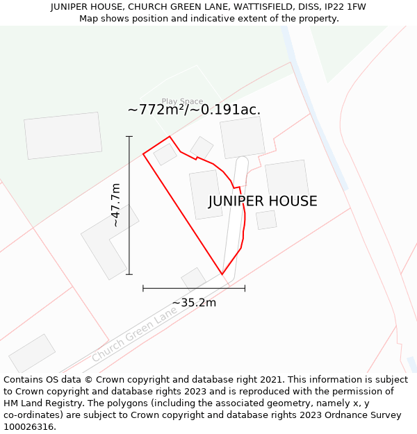 JUNIPER HOUSE, CHURCH GREEN LANE, WATTISFIELD, DISS, IP22 1FW: Plot and title map