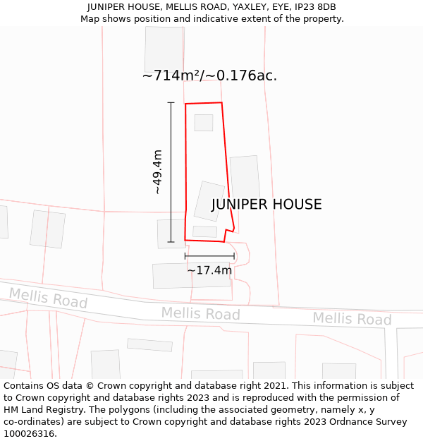 JUNIPER HOUSE, MELLIS ROAD, YAXLEY, EYE, IP23 8DB: Plot and title map