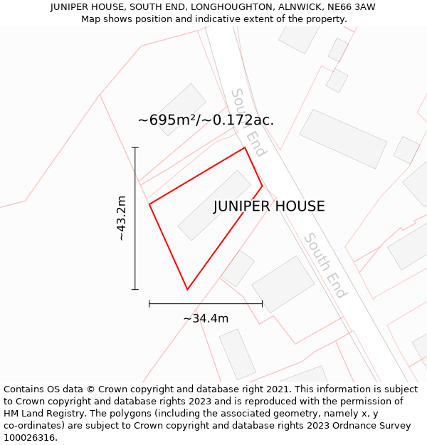 JUNIPER HOUSE, SOUTH END, LONGHOUGHTON, ALNWICK, NE66 3AW: Plot and title map