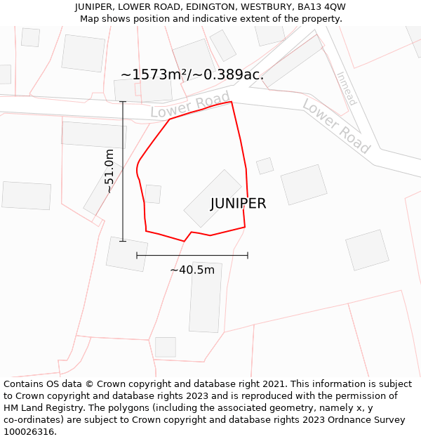 JUNIPER, LOWER ROAD, EDINGTON, WESTBURY, BA13 4QW: Plot and title map