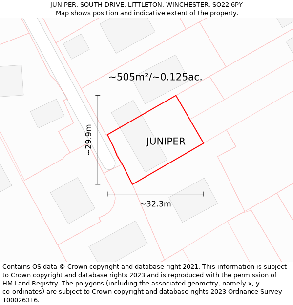 JUNIPER, SOUTH DRIVE, LITTLETON, WINCHESTER, SO22 6PY: Plot and title map