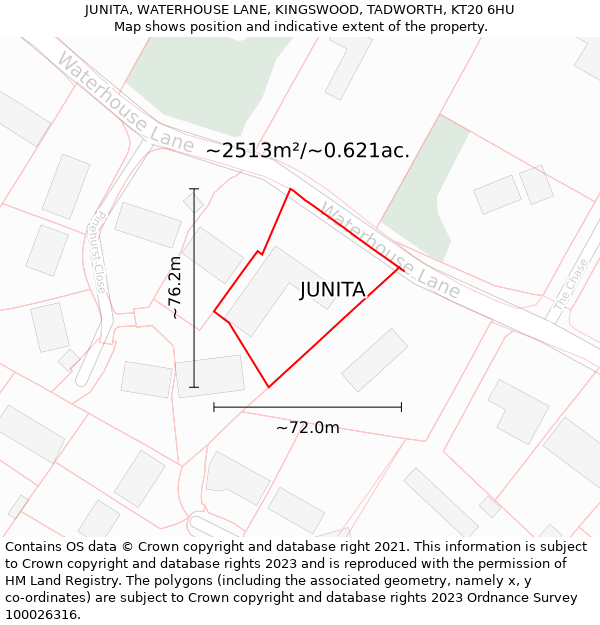 JUNITA, WATERHOUSE LANE, KINGSWOOD, TADWORTH, KT20 6HU: Plot and title map