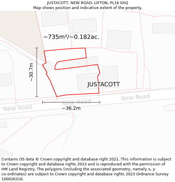 JUSTACOTT, NEW ROAD, LIFTON, PL16 0AQ: Plot and title map