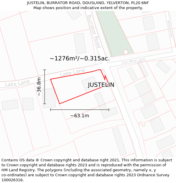 JUSTELIN, BURRATOR ROAD, DOUSLAND, YELVERTON, PL20 6NF: Plot and title map