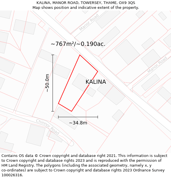 KALINA, MANOR ROAD, TOWERSEY, THAME, OX9 3QS: Plot and title map