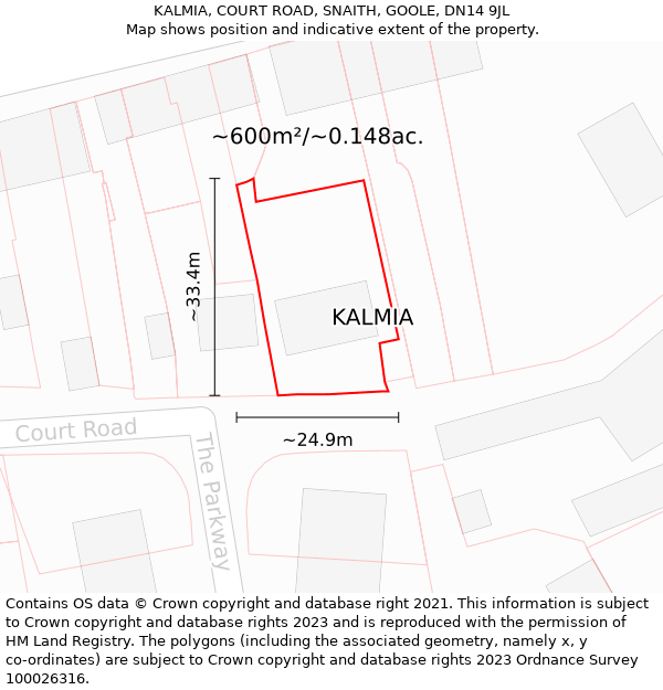 KALMIA, COURT ROAD, SNAITH, GOOLE, DN14 9JL: Plot and title map