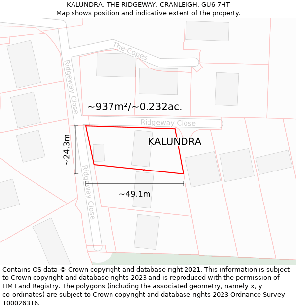 KALUNDRA, THE RIDGEWAY, CRANLEIGH, GU6 7HT: Plot and title map