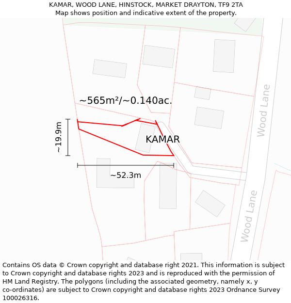 KAMAR, WOOD LANE, HINSTOCK, MARKET DRAYTON, TF9 2TA: Plot and title map