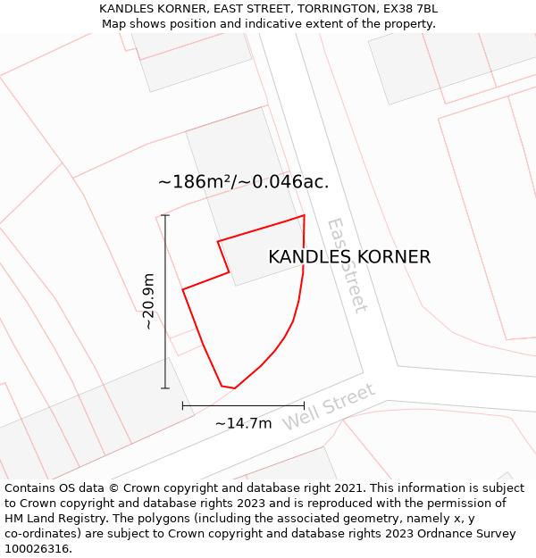 KANDLES KORNER, EAST STREET, TORRINGTON, EX38 7BL: Plot and title map