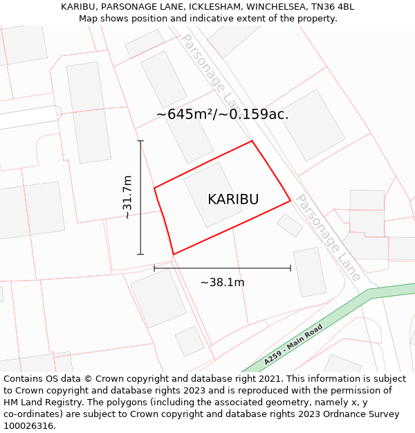 KARIBU, PARSONAGE LANE, ICKLESHAM, WINCHELSEA, TN36 4BL: Plot and title map