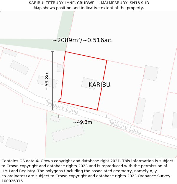 KARIBU, TETBURY LANE, CRUDWELL, MALMESBURY, SN16 9HB: Plot and title map