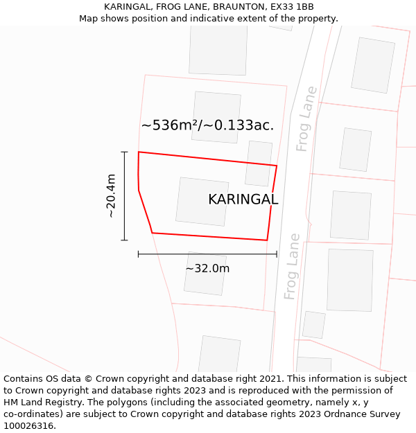 KARINGAL, FROG LANE, BRAUNTON, EX33 1BB: Plot and title map