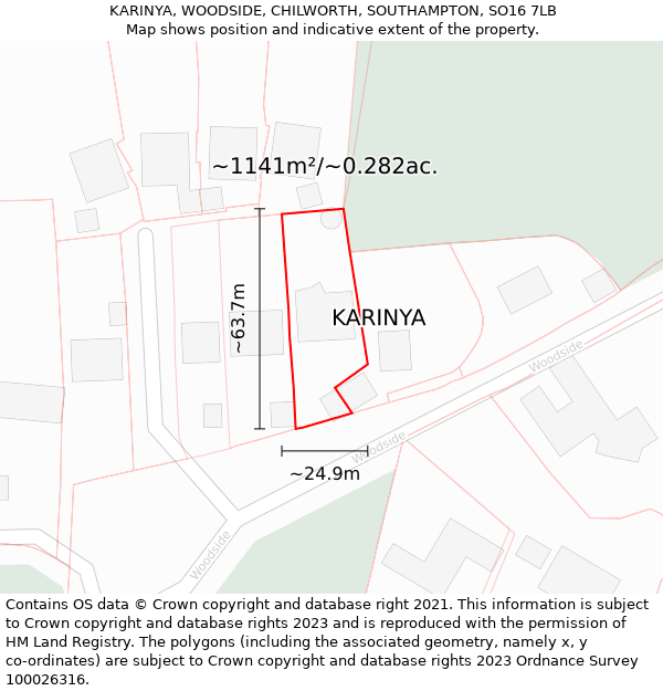 KARINYA, WOODSIDE, CHILWORTH, SOUTHAMPTON, SO16 7LB: Plot and title map