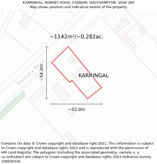 KARRINGAL, ROMSEY ROAD, CADNAM, SOUTHAMPTON, SO40 2NY: Plot and title map