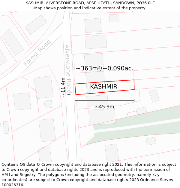 KASHMIR, ALVERSTONE ROAD, APSE HEATH, SANDOWN, PO36 0LE: Plot and title map