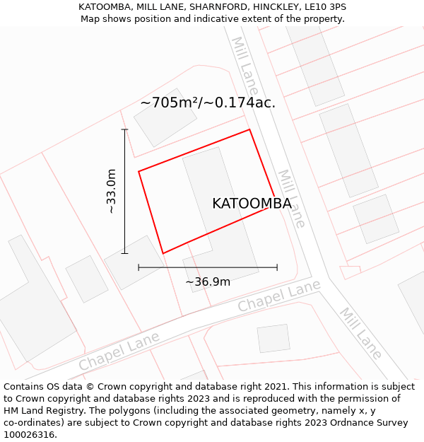 KATOOMBA, MILL LANE, SHARNFORD, HINCKLEY, LE10 3PS: Plot and title map