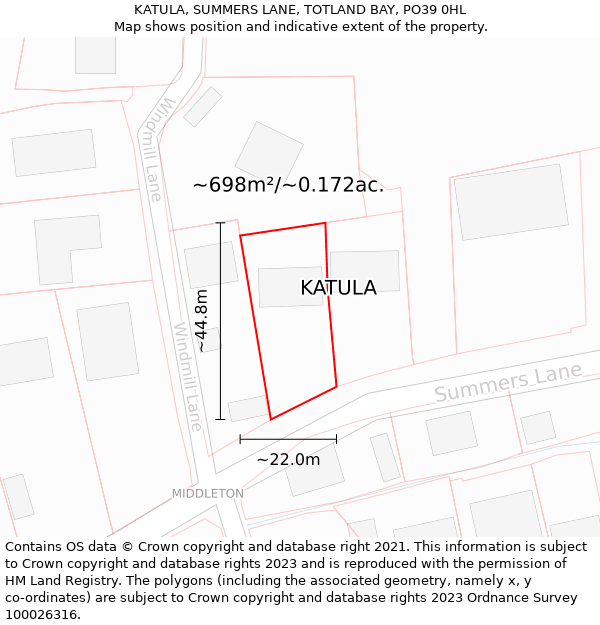 KATULA, SUMMERS LANE, TOTLAND BAY, PO39 0HL: Plot and title map