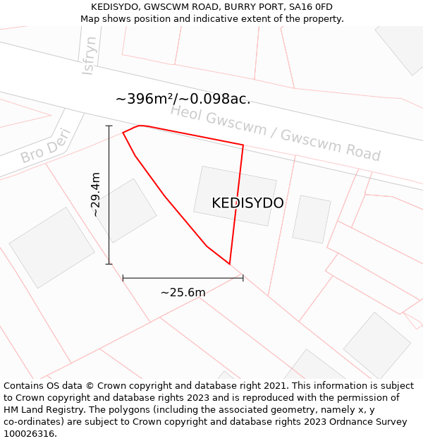 KEDISYDO, GWSCWM ROAD, BURRY PORT, SA16 0FD: Plot and title map