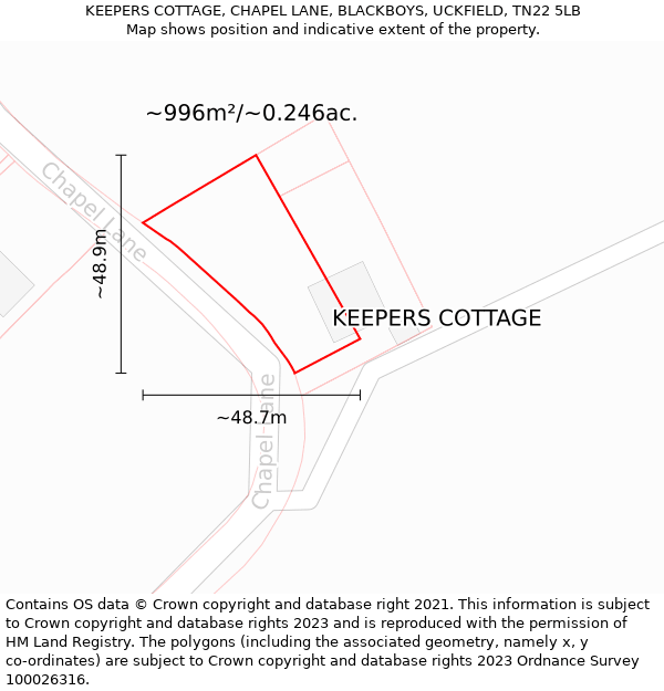 KEEPERS COTTAGE, CHAPEL LANE, BLACKBOYS, UCKFIELD, TN22 5LB: Plot and title map