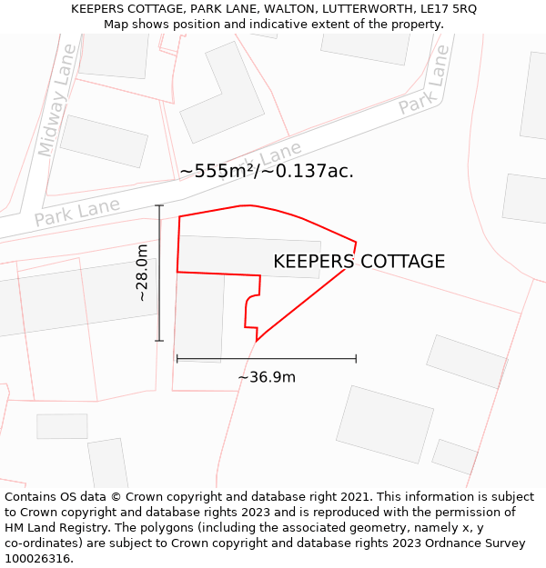 KEEPERS COTTAGE, PARK LANE, WALTON, LUTTERWORTH, LE17 5RQ: Plot and title map