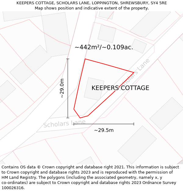 KEEPERS COTTAGE, SCHOLARS LANE, LOPPINGTON, SHREWSBURY, SY4 5RE: Plot and title map